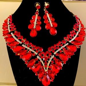 🔥 Flashy Fiery Red Costume Necklace and Earrings Set